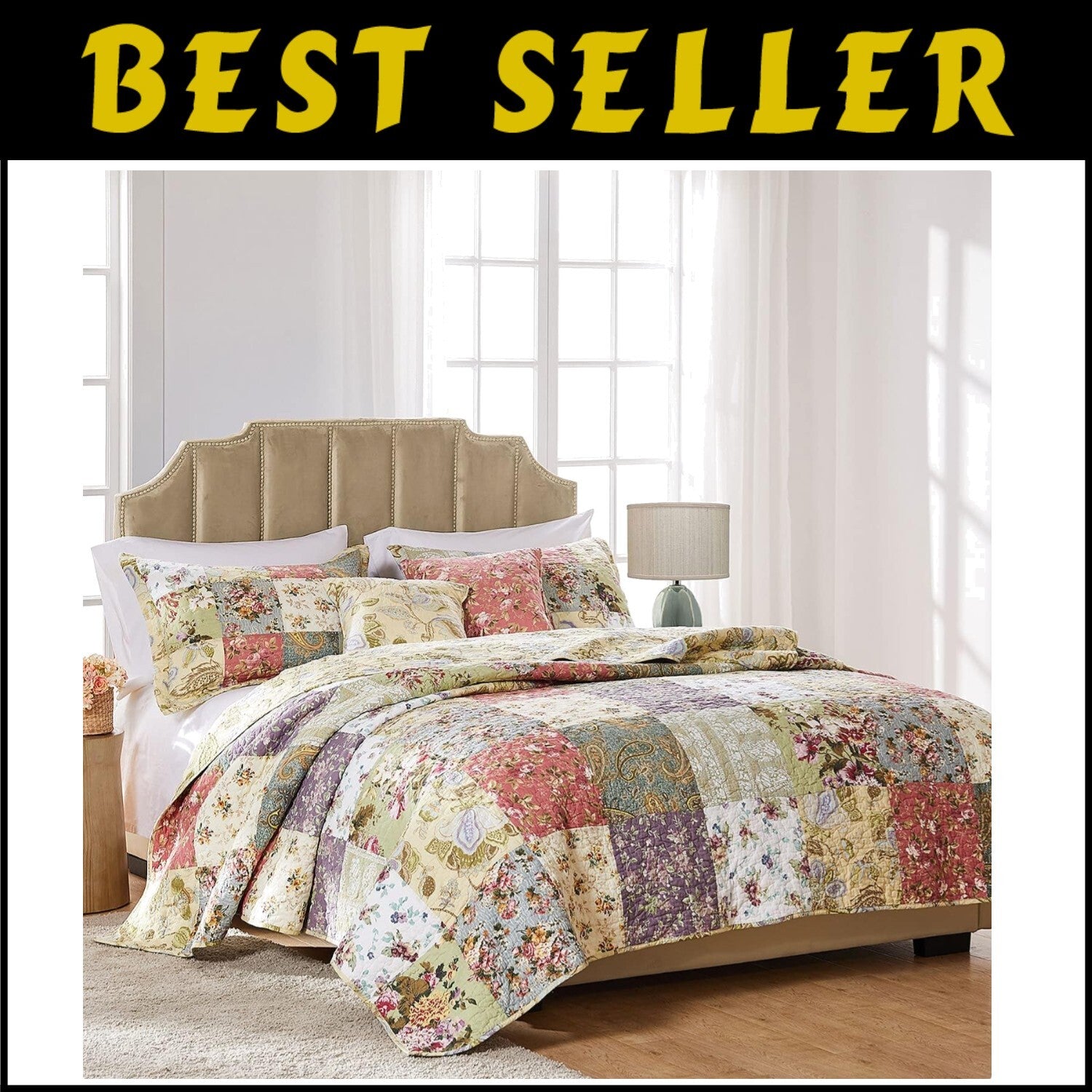 5-Piece Floral Patchwork Quilt Set, 100% Cotton - Full/Queen Reversible Luxury