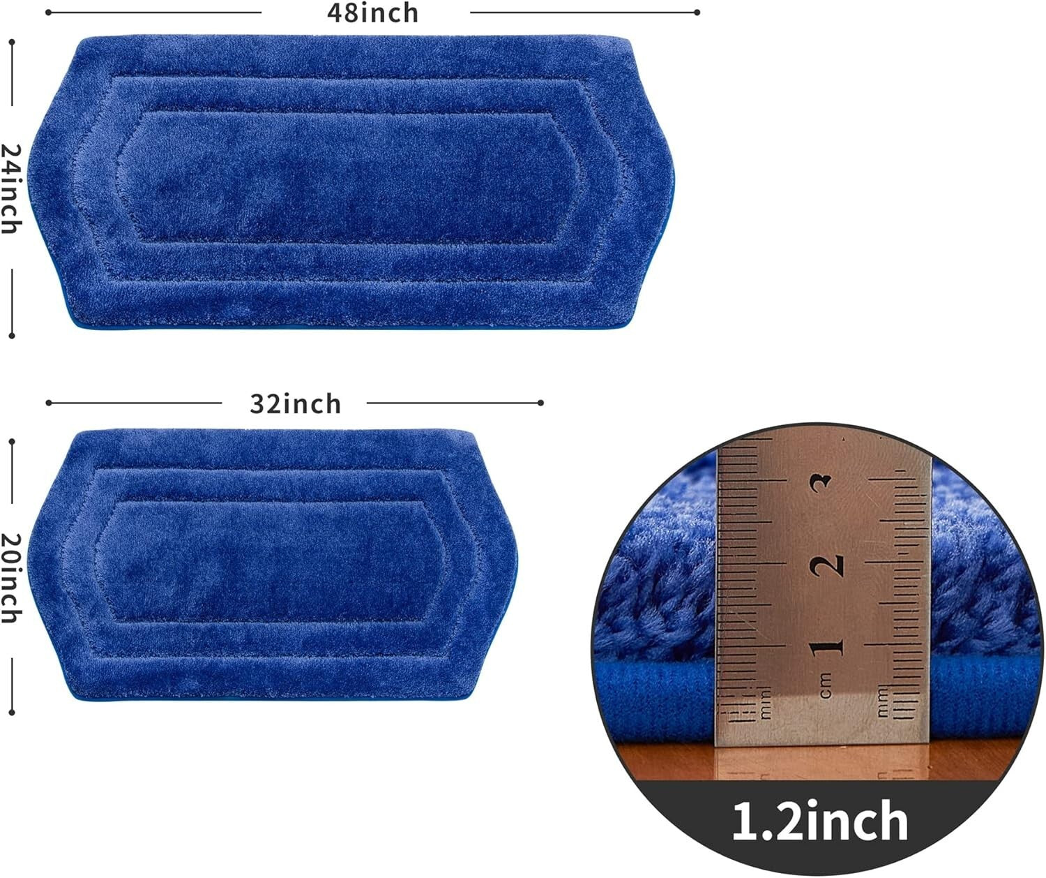 Anti-Slip Thick Bath Rug Set: Machine Washable Blue Mat 20x32 & 24x48 Inches