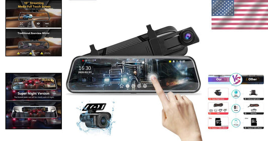 Full Touch Screen 10'' Dual Camera Rear View Mirror with Night Vision G-Sensor