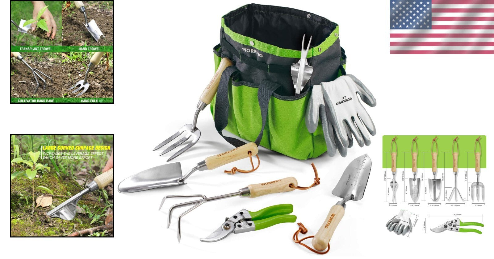 Professional Stainless Steel Gardening Tool Kit with Wooden Handles & Tote Bag