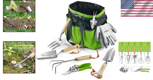 Professional Stainless Steel Gardening Tool Kit with Wooden Handles & Tote Bag