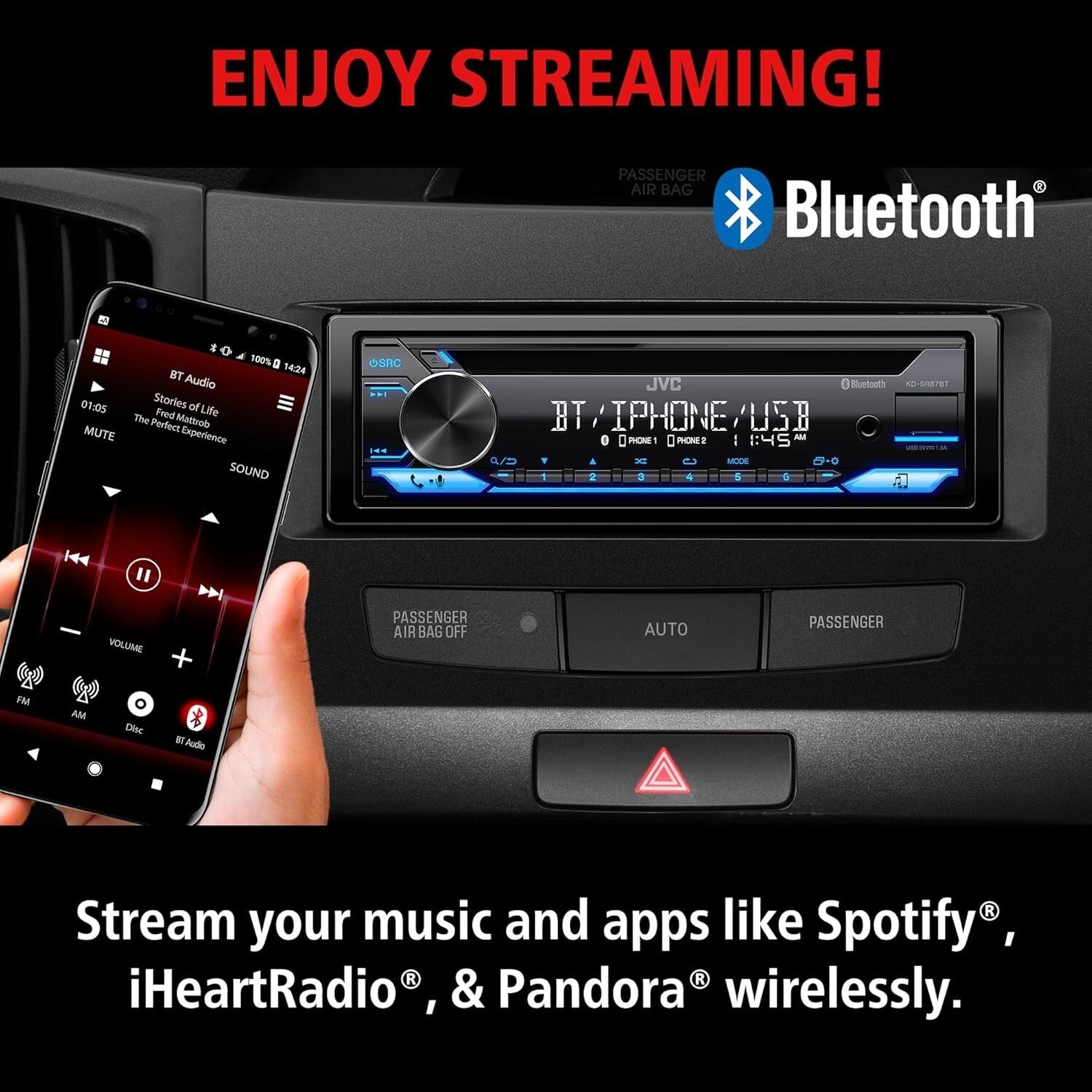 Bluetooth CD Car Stereo with USB & AUX - 13-Band EQ & Detachable Face Plate