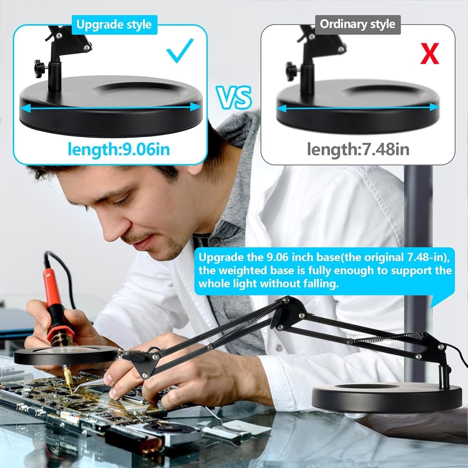 Adjustable LED Magnifying Lamp with Heavy Base - Hands-Free Precision Lighting