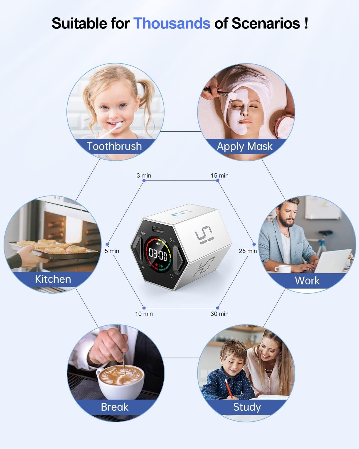 Versatile Hexagon Productivity Timer - 6 Preset Times & Custom Options - Gray