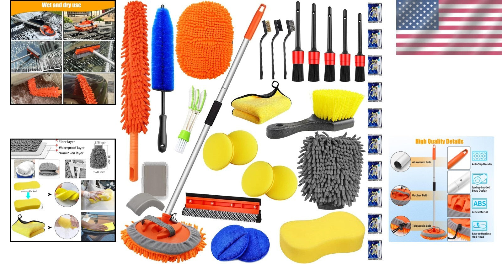 62-Inch Chenille Microfiber Car Wash Brush with Multi-Functional Cleaning Tools