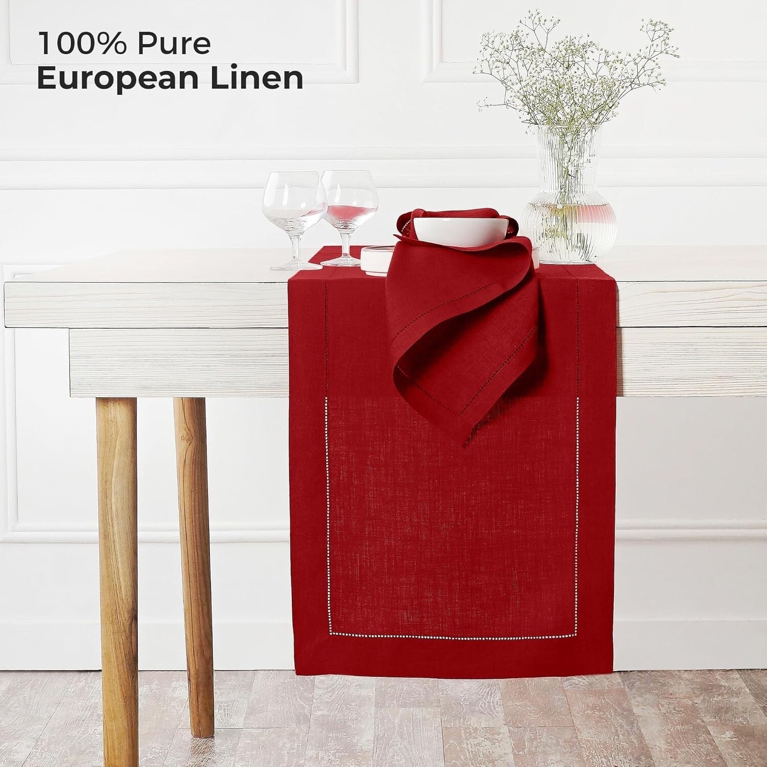 14x120 Inch Luxe Red Linen Table Runner - Classic Hemstitch, Perfect for Easter