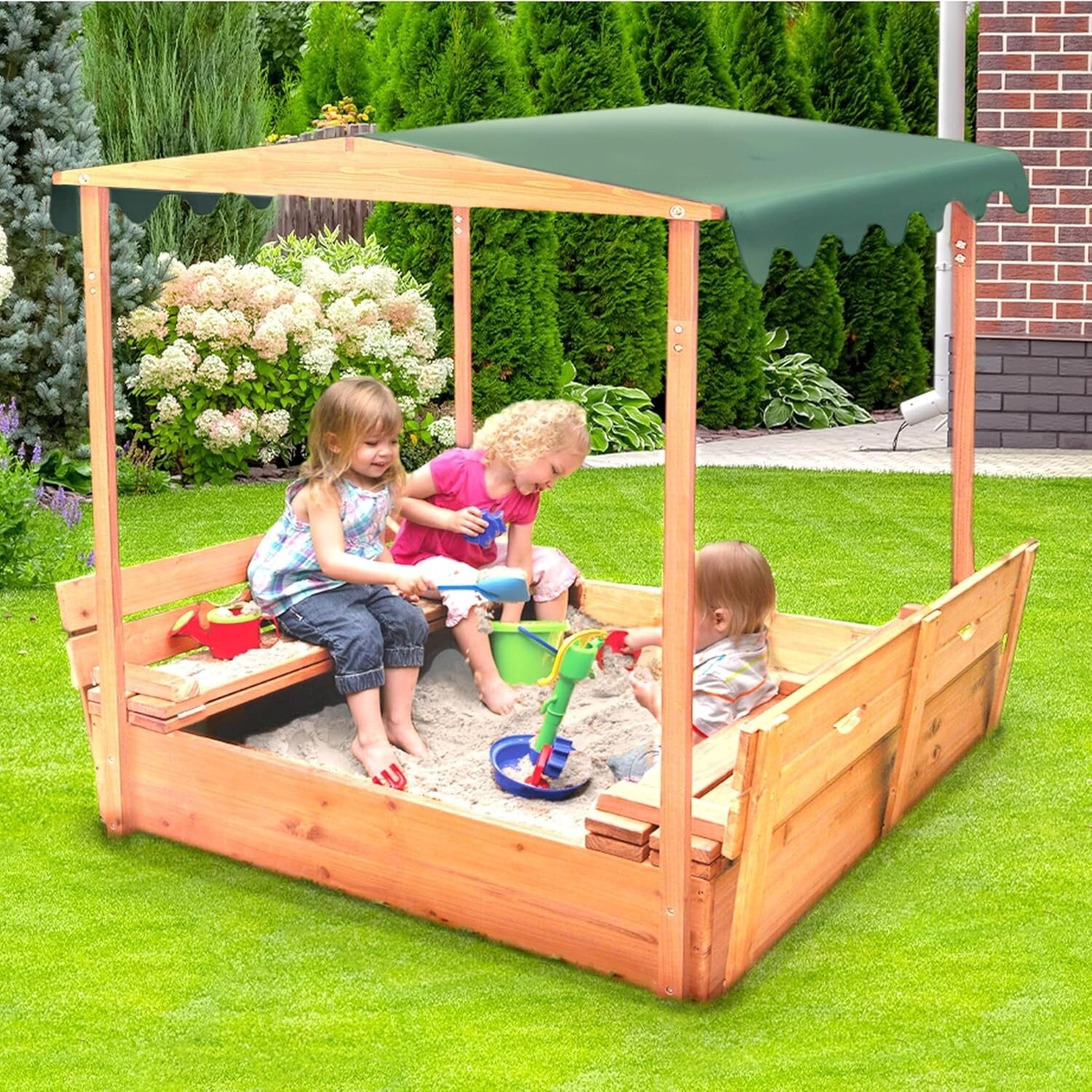 Fun Convertible Cedar Sandbox with Easy-Setup Canopy and Bench Seating - 46.5"