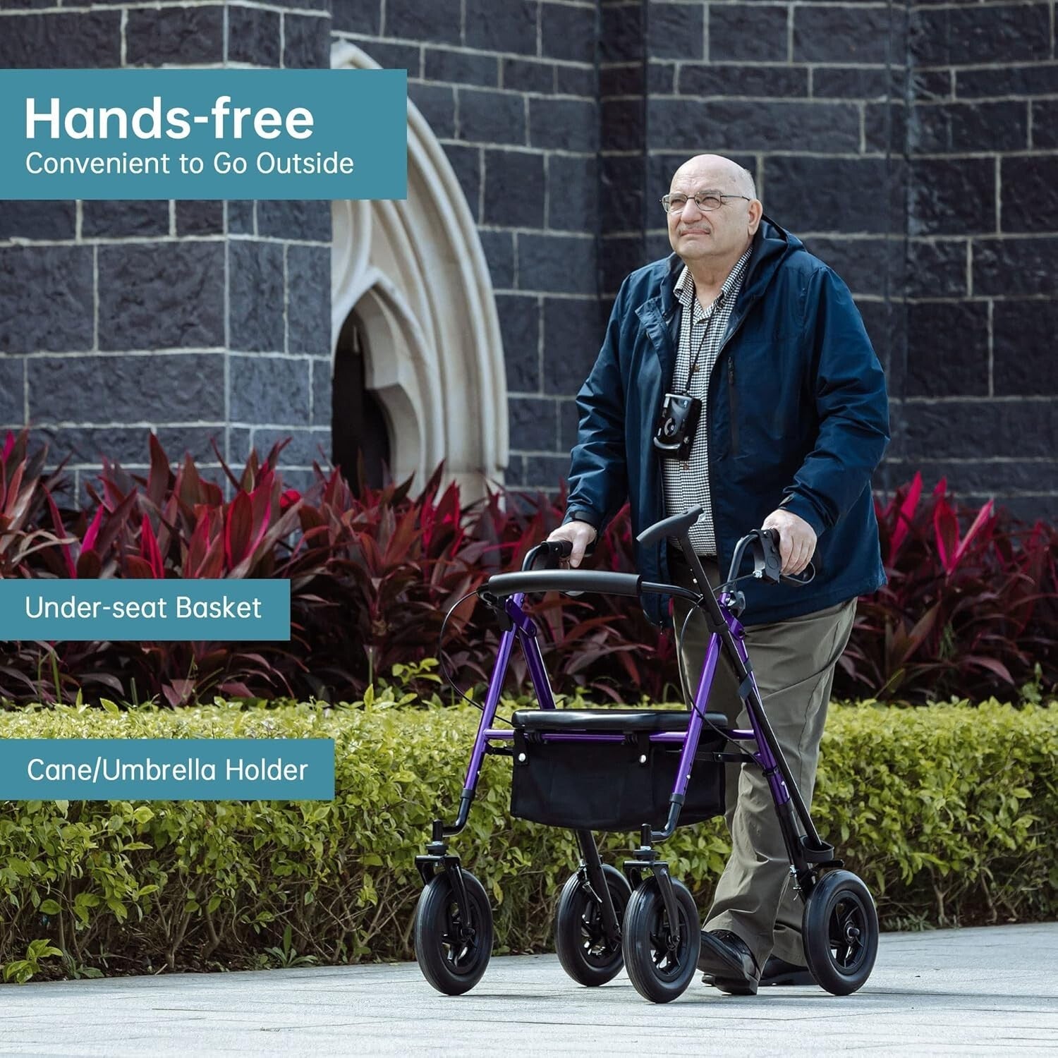 Lightweight Purple Rollator Walker with Large Rubber Wheels & Storage Basket