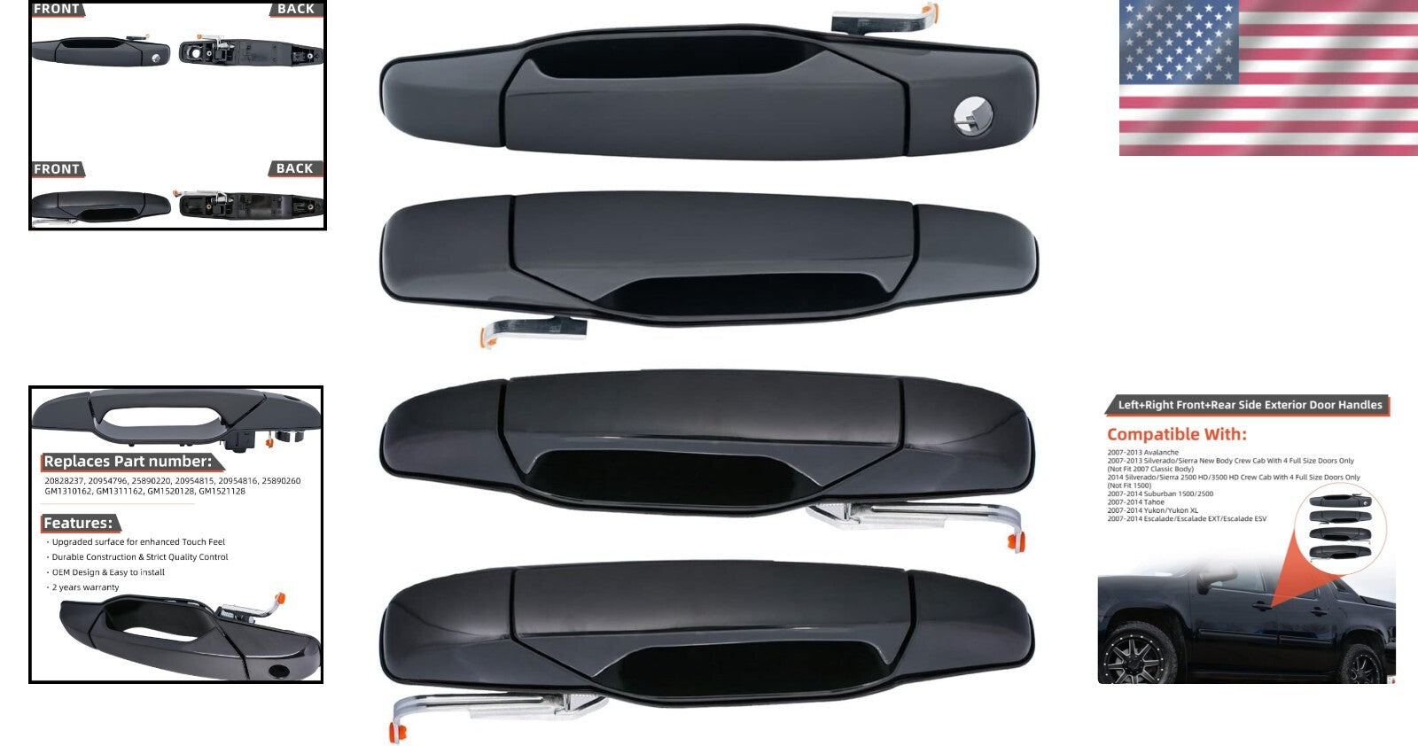 Durable Black Door Handles Compatible with 07-14 Chevrolet & GMC Models