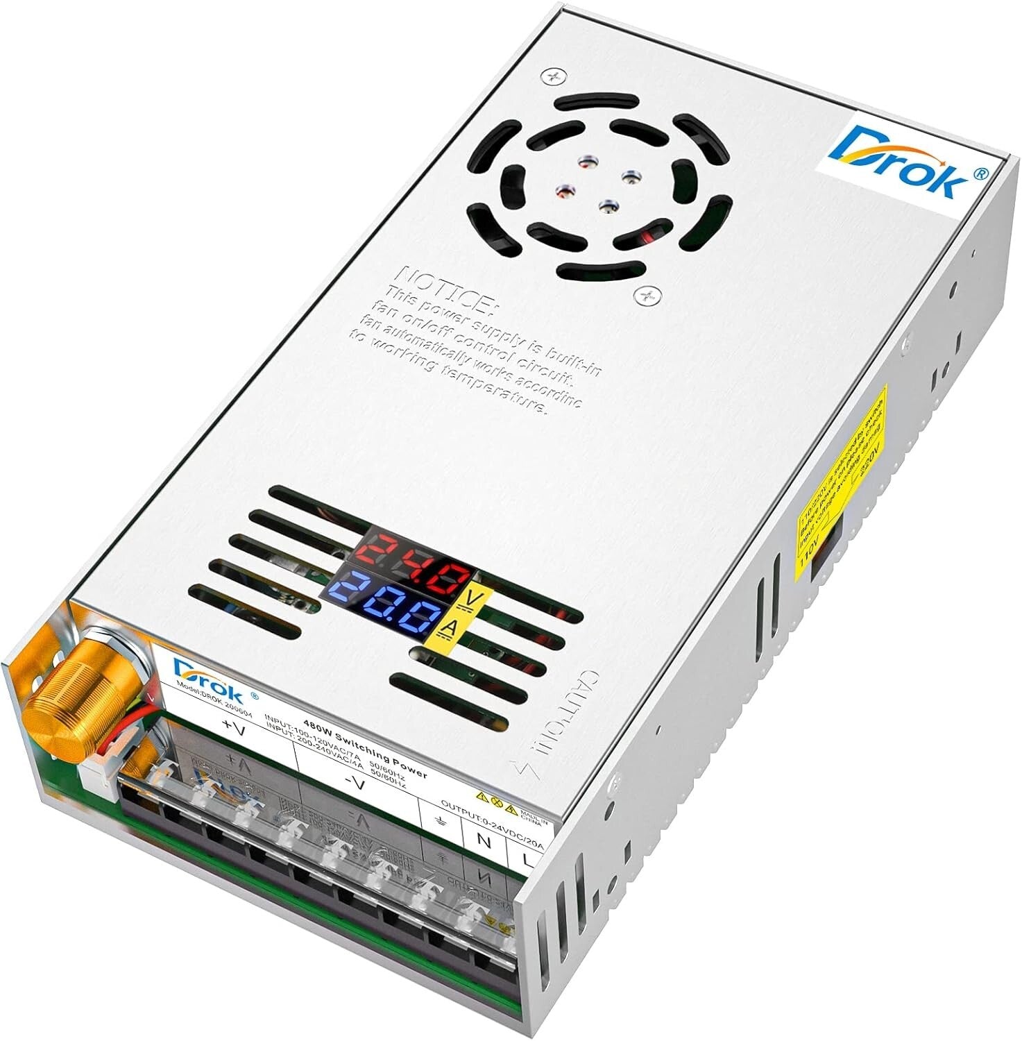 480W Adjustable Power Supply with Dual LED Display, 20A Current Capacity