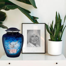 Load image into Gallery viewer, Durable 9.2" Blue Dove Cremation Urn - Secure Threaded Top, Velvet Bag Included