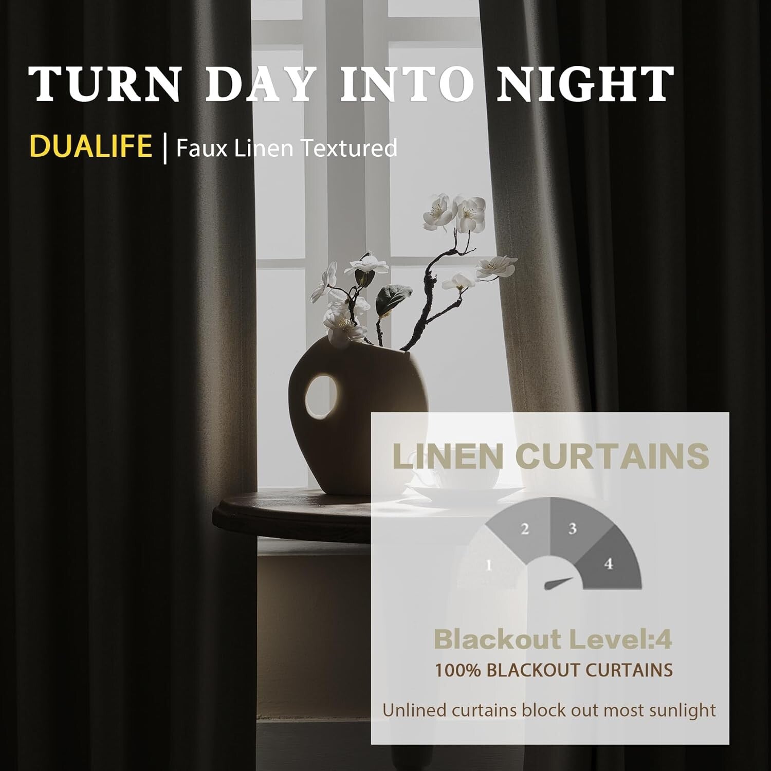 Beige Faux Linen Full Blackout Curtains 108" - Modern Insulated Drapes Set of 2