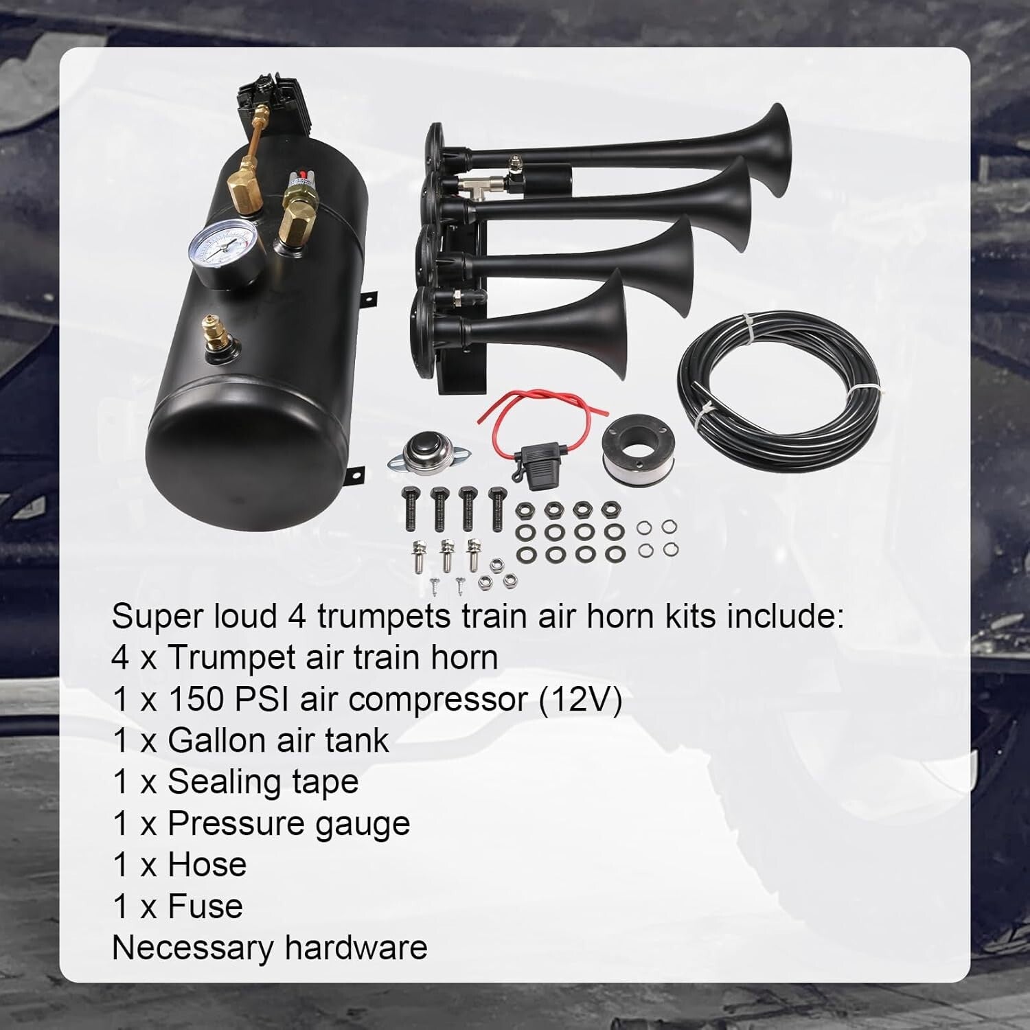 Heavy-Duty 4 Trumpet Air Horn System with Anti-Corrosion Finish - 150 PSI