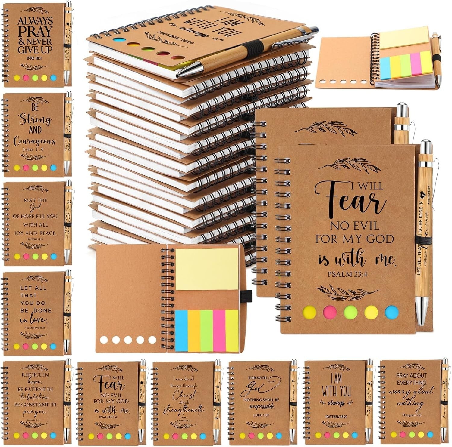 Complete 30 Set Bible Verse Notebooks with Bamboo Pens for Women - Kraft Design