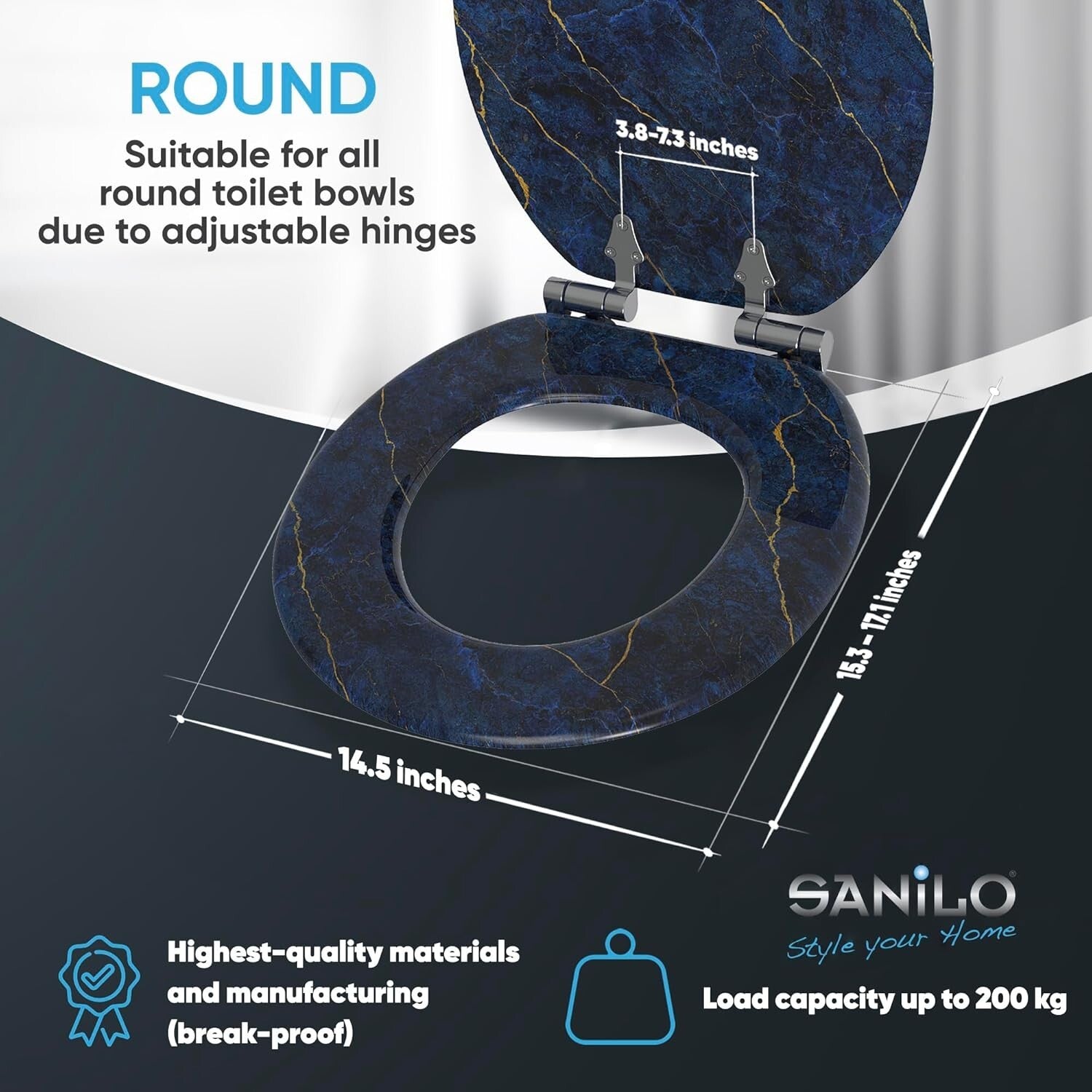 Elegant Soft Close Toilet Seat with Marble Dark Blue Design - Adjustable Fit
