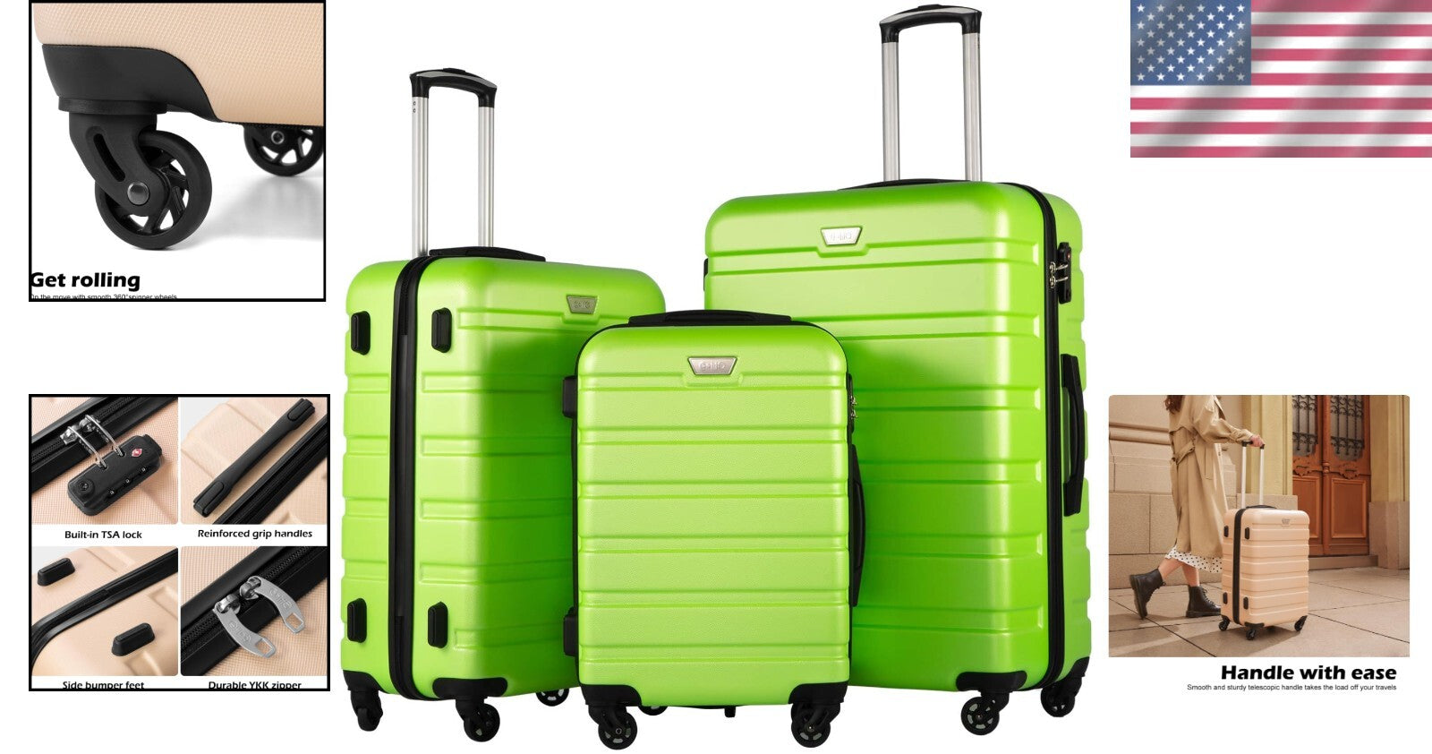 Apple Green 3-Piece Travel Luggage Set - Ergonomic Design, Ultimate Security