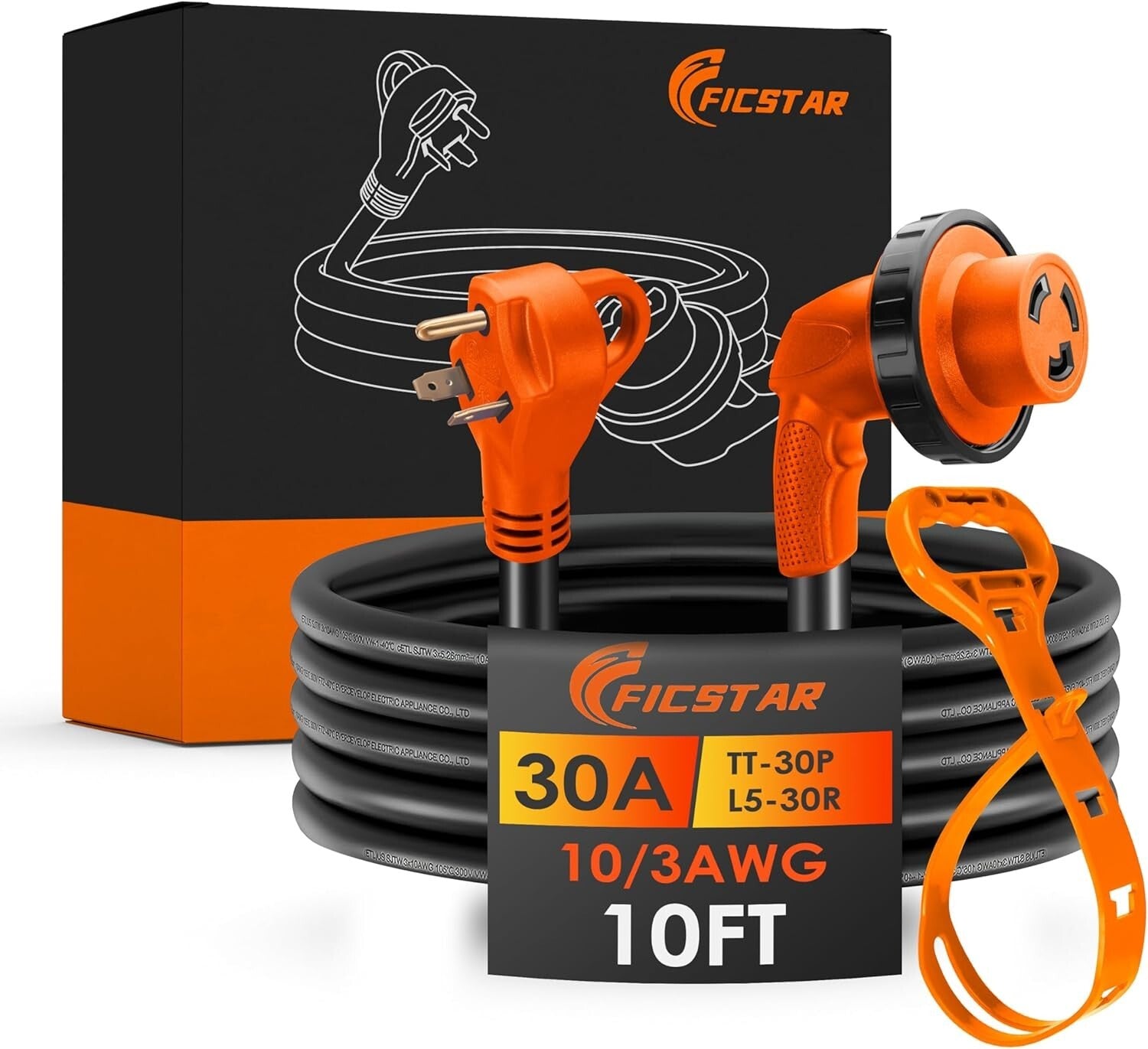 Durable 10ft 30 Amp RV Extension Cord with Twist Lock & Reverse Polarity Light