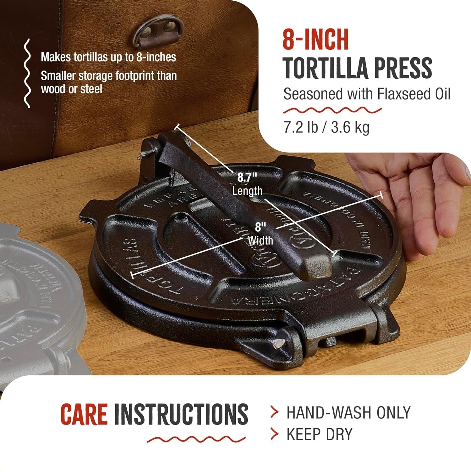 Durable 8-Inch Seasoned Cast Iron Tortilla Press for Authentic Latin Cuisine