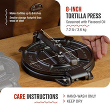 Load image into Gallery viewer, Durable 8-Inch Seasoned Cast Iron Tortilla Press for Authentic Latin Cuisine
