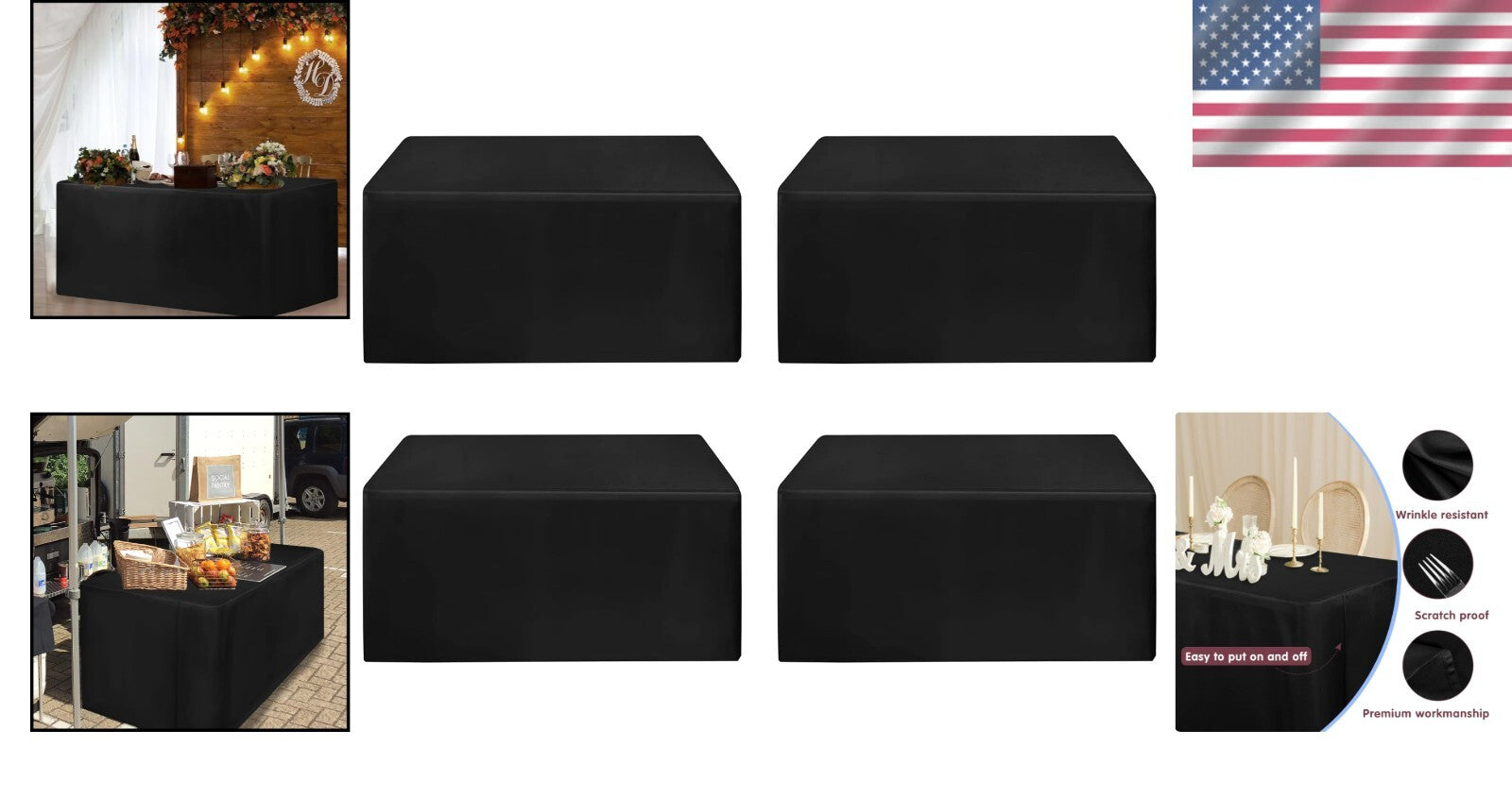 Elegant Black Fitted Table Covers - 4 Pack for Weddings, Buffets & Banquets