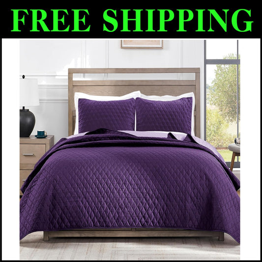 Reversible King Size Quilt Set - Lightweight & Stylish Deep Purple/Lilac
