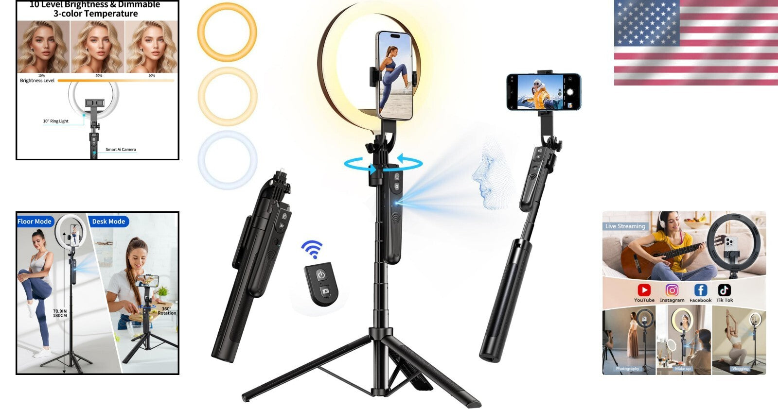 Versatile 2-in-1 Tripod with Face Tracking and 10" Ring Light for Live Streaming