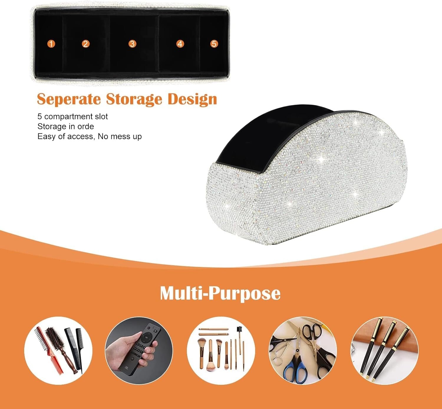 Elegant 5-Compartment Leather Organizer - Bling Crystal Luxury for Desk Storage