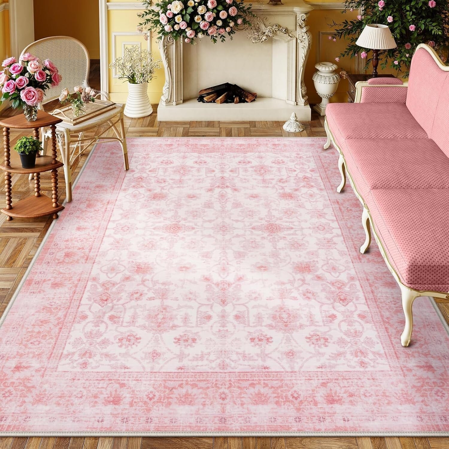 Elegant 8x10 Pink Floral Area Rug - Soft Washable Faux Wool for Living Spaces