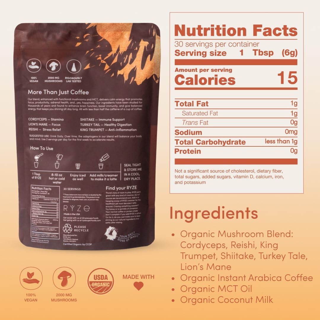 Delicious RYZE Adaptogenic Mushroom Coffee: Focus, Digestion & Energy Boost