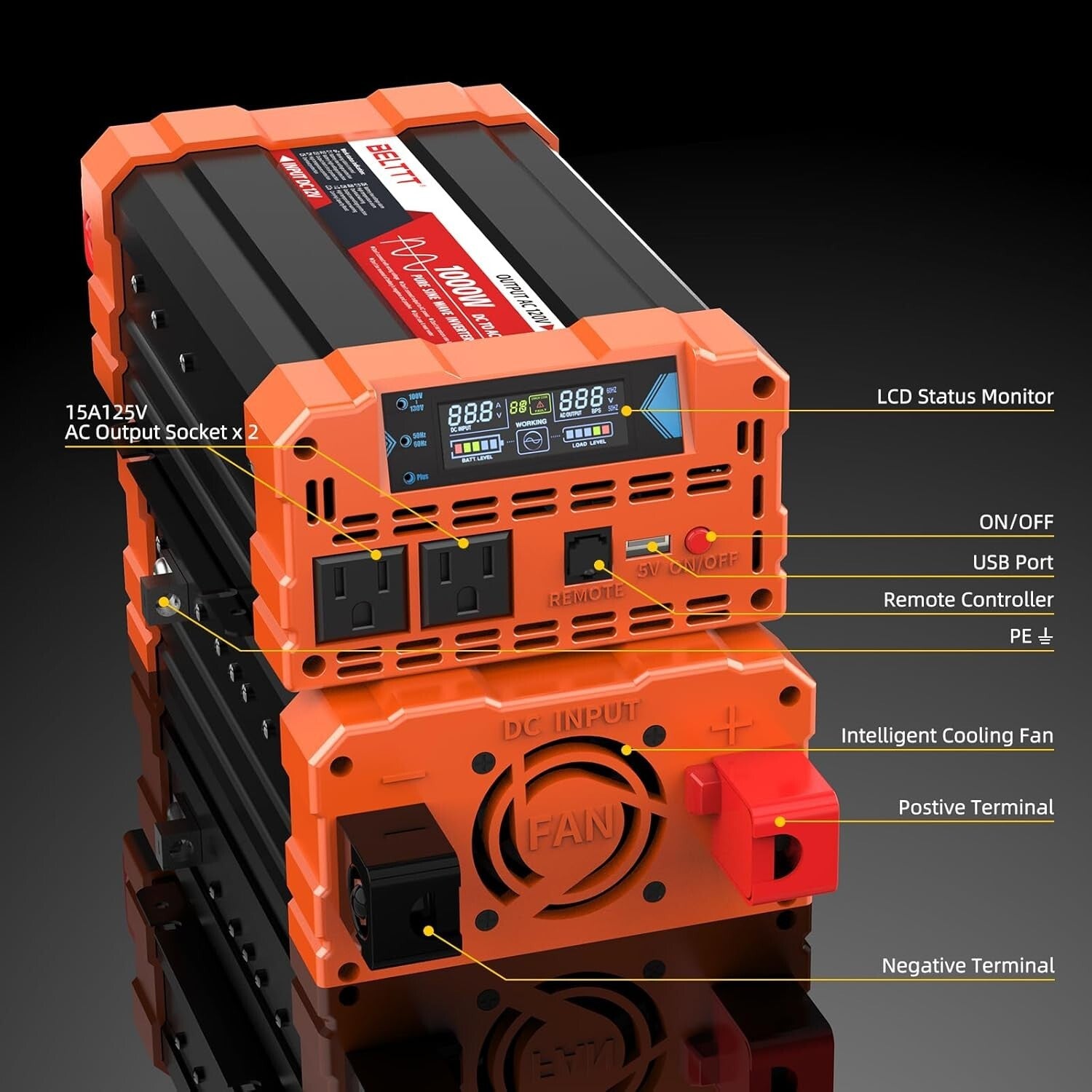 Powerful 1000W DC to AC Inverter with LCD Display for RV & Solar Applications