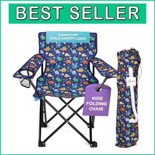 Portable Kids Folding Chair with Safety Lock & Cup Holder - Playful Dinosaurs