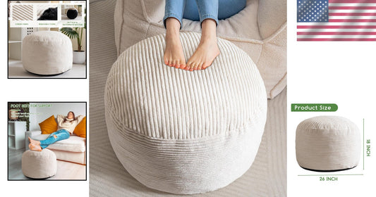Elegant Round Pouf Ottoman - Cozy Corduroy and Faux Fur Foot Stool in Beige