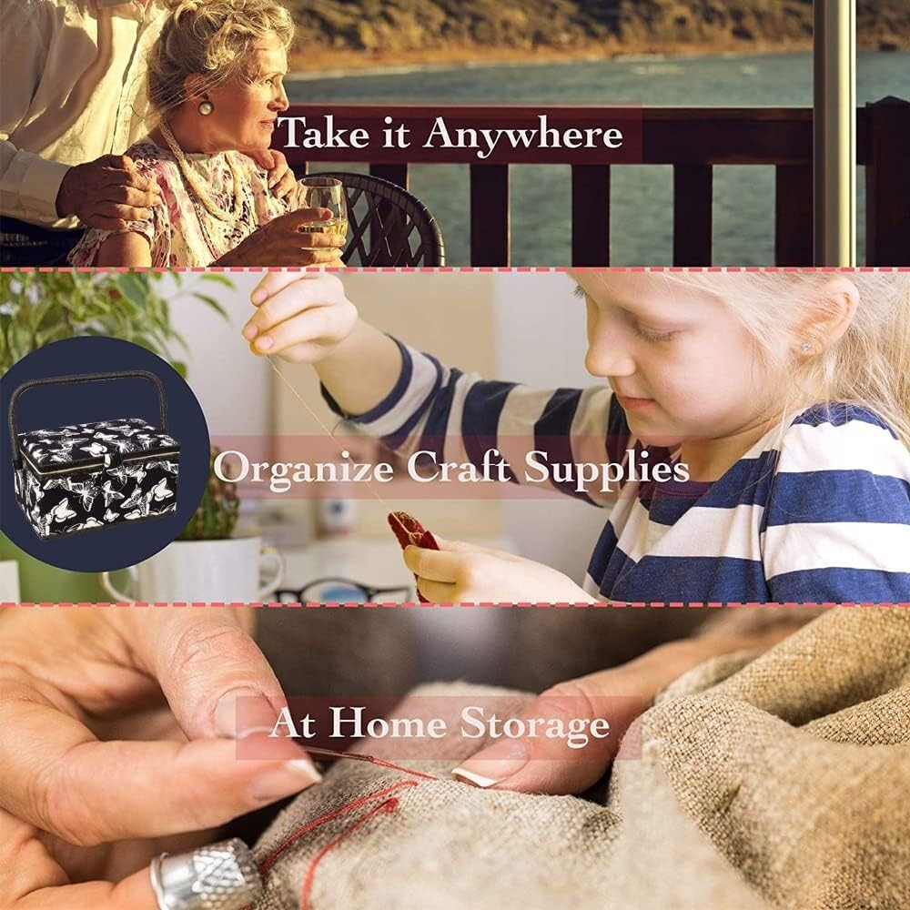 Elegant Floral Print Sewing Basket with Removable Tray and Built-in Pin Cushion