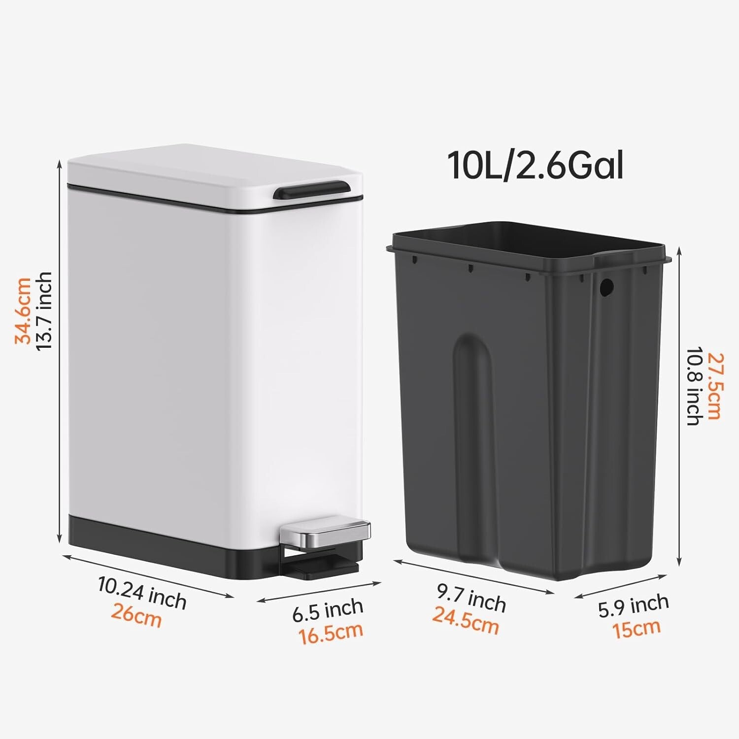 Elegant Slim Trash Can for Bathroom - 10L Stainless Steel with Soft Close Lid