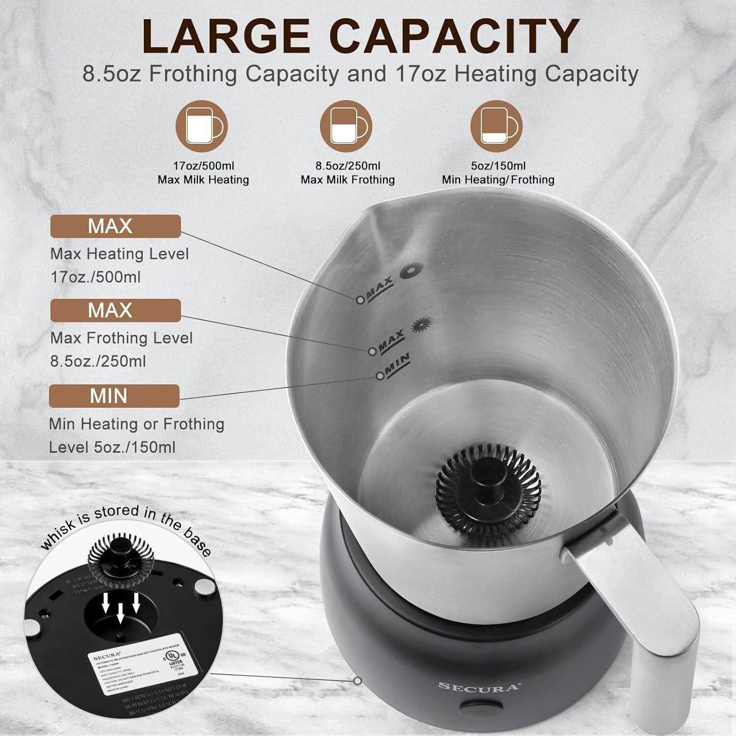 17oz Stainless Steel Electric Milk Frother for Café-Quality Lattes & More