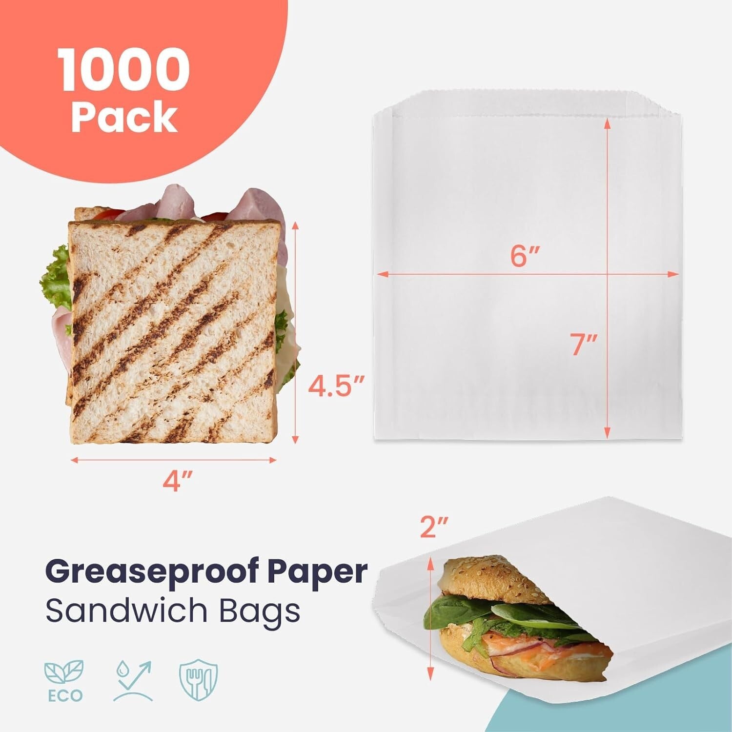 1000 Pack Greaseproof Paper Sandwich Bags - 7x6