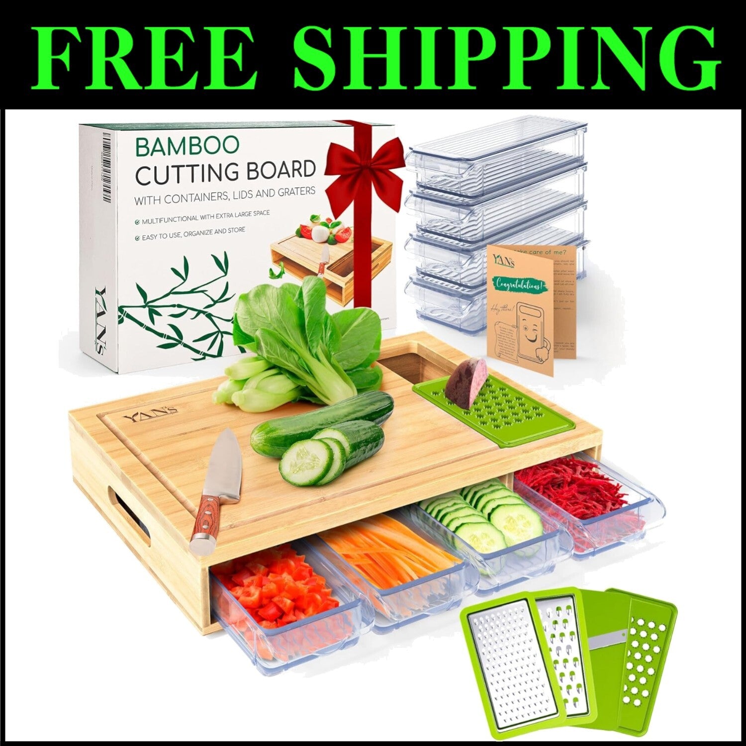Space-Saving Bamboo Cutting Board & Drawer Set - Perfect for Hosting and Gifting