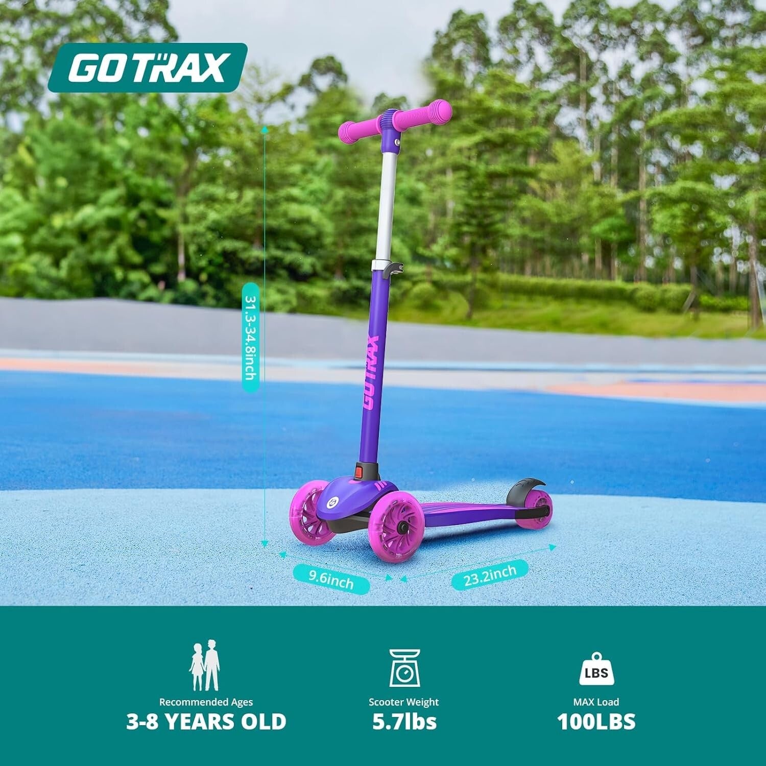 Purple Kids Kick Scooter - 3 Adjustable Heights, LED Wheels, Lightweight Design