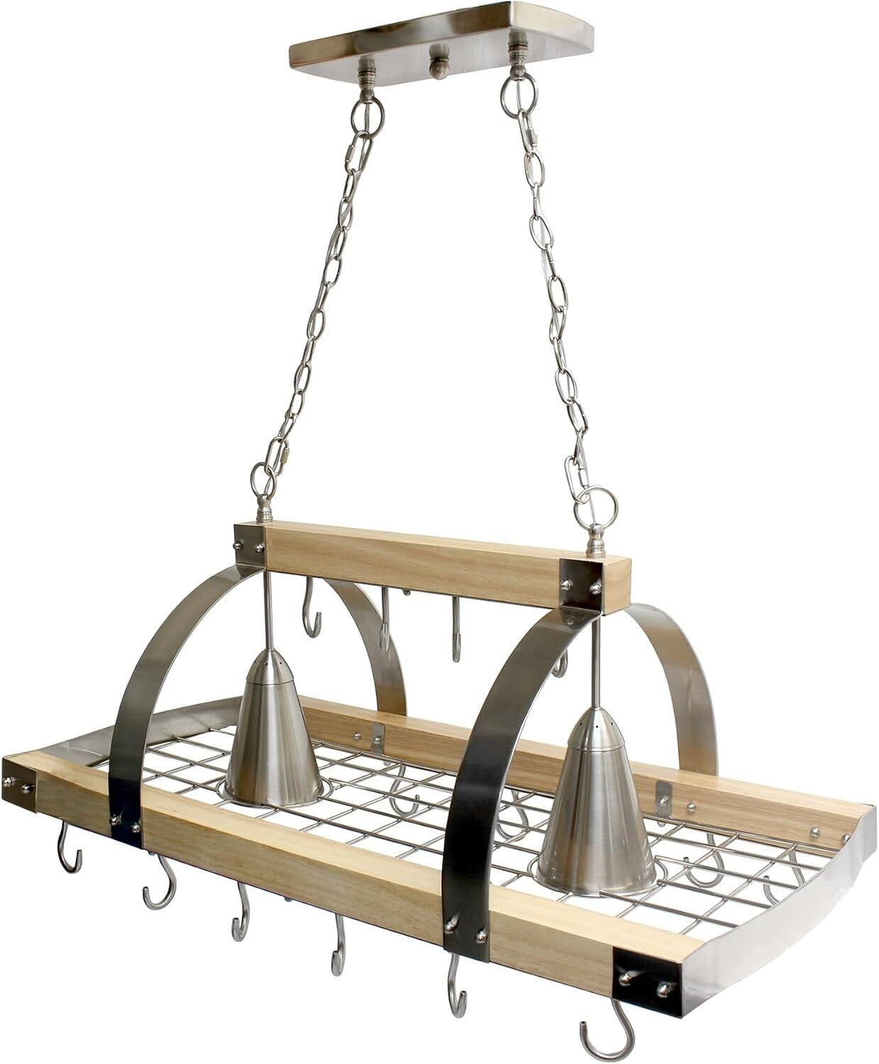 Elegant Wood Pot Rack with Downlights & Brushed Nickel Accents for Kitchens