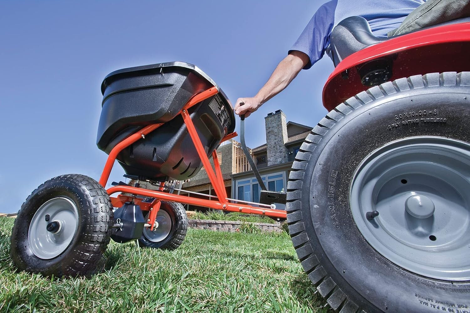 Lawn Care Revolution: 130 lb Tow-Behind Spreader with Direct Control from Seat