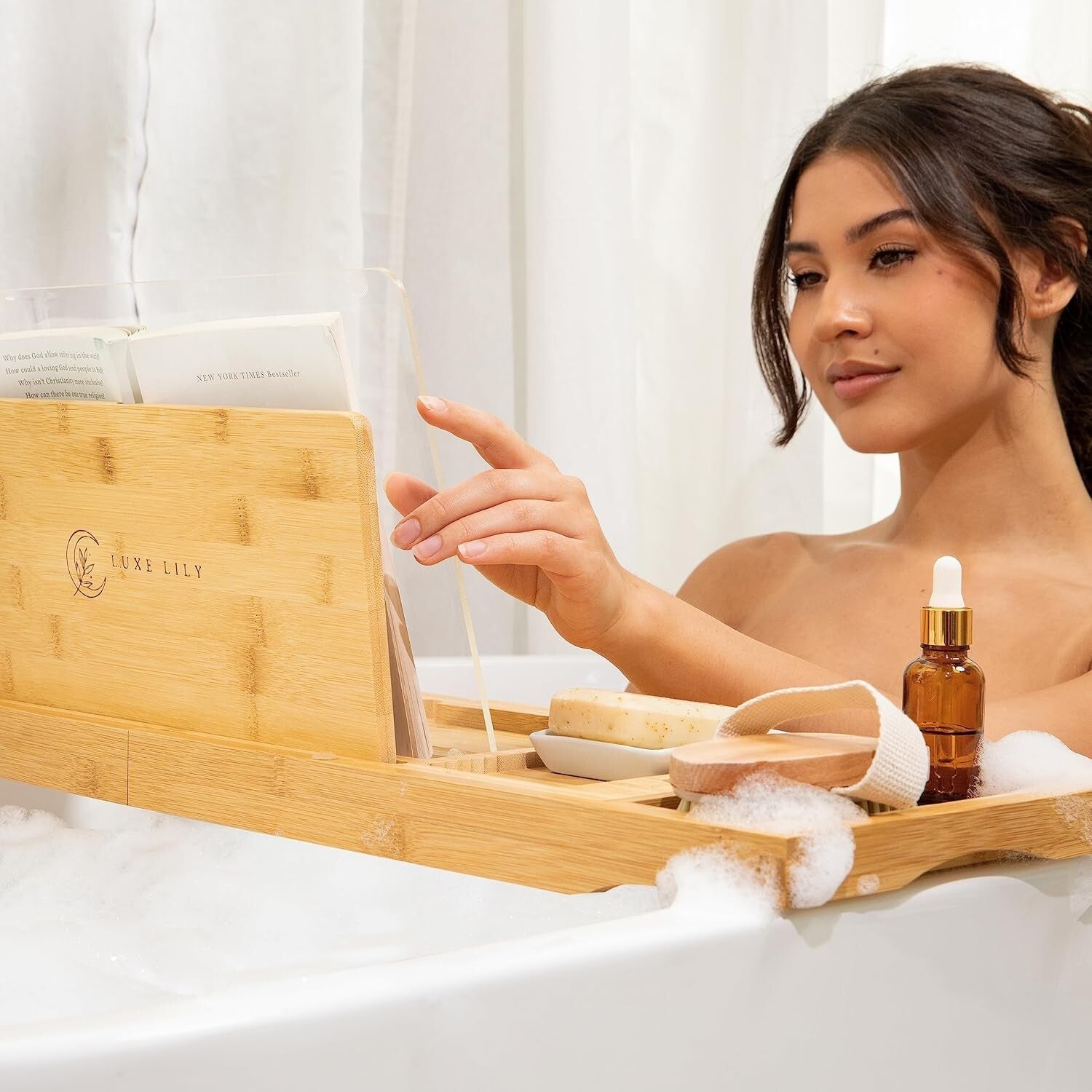 Extendable Waterproof Bamboo Bathtub Tray with Wine Glass Holder for Relaxation
