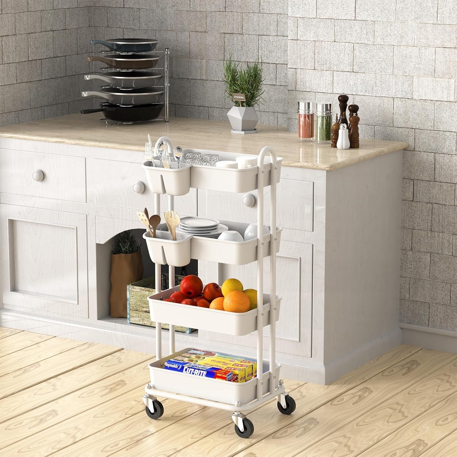 4-Tier Rolling Utility Cart with Hanging Buckets for Stylish Organization