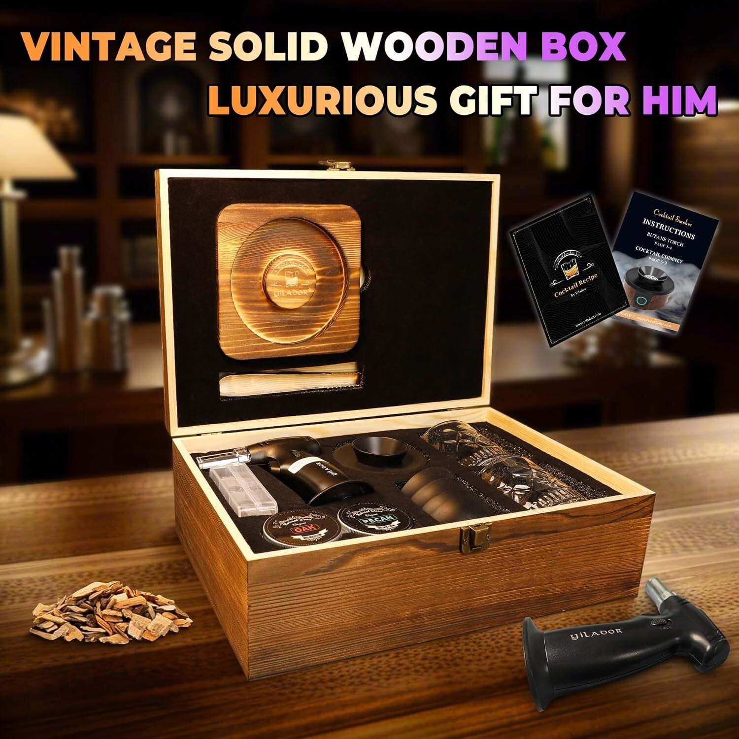 Premium Whiskeys Smoker Kit with Salt Rimmer in Elegant Wooden Box – Ideal Gift