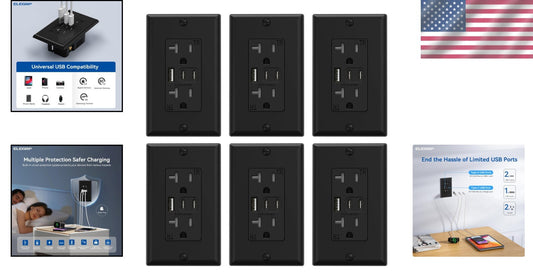 Energy Efficient 20 Amp Wall Outlet with Tamper-Resistant USB Ports - 6 Pack
