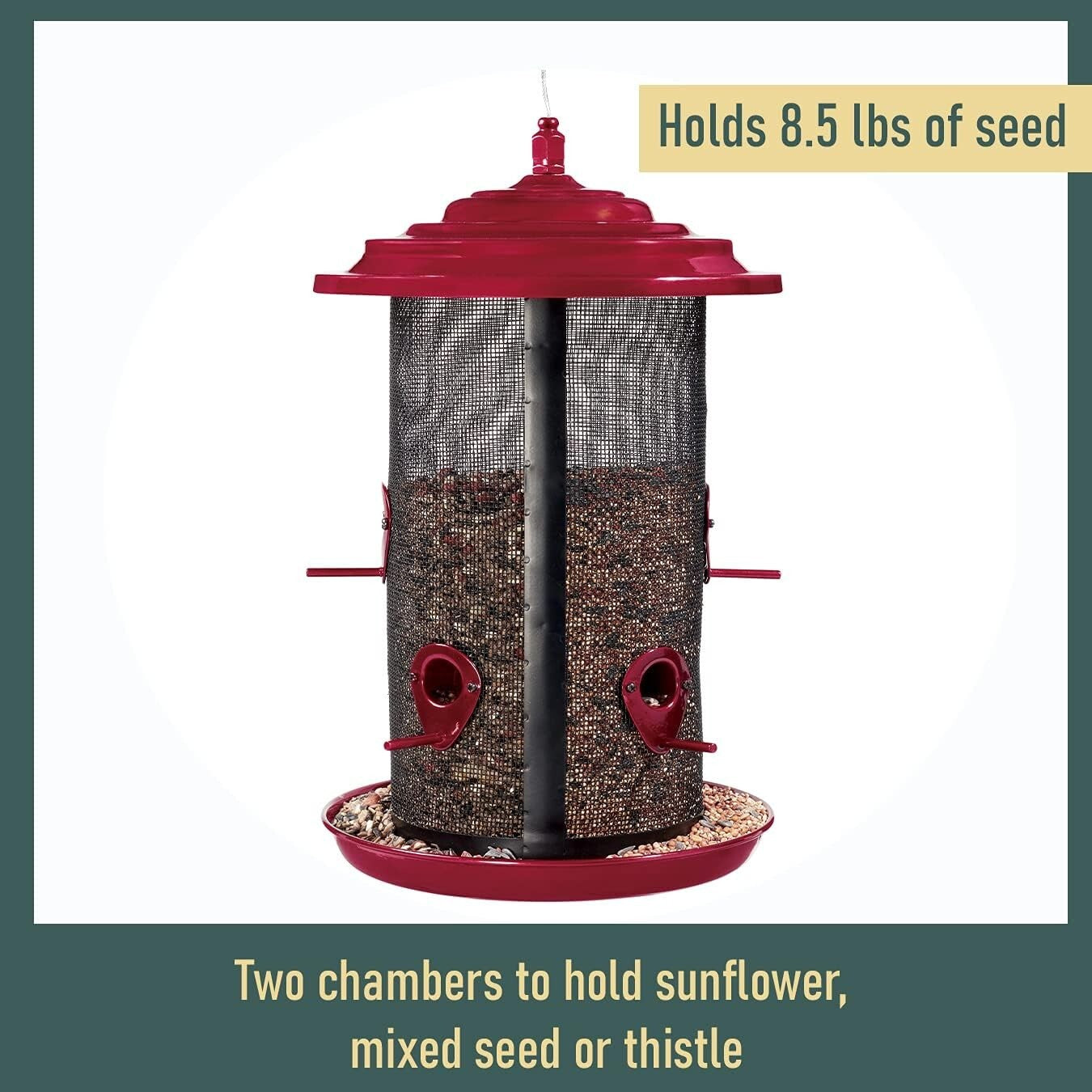 Durable Hanging Bird Feeder with 2 Chambers and 8.5 lb Seed Capacity - Crimson