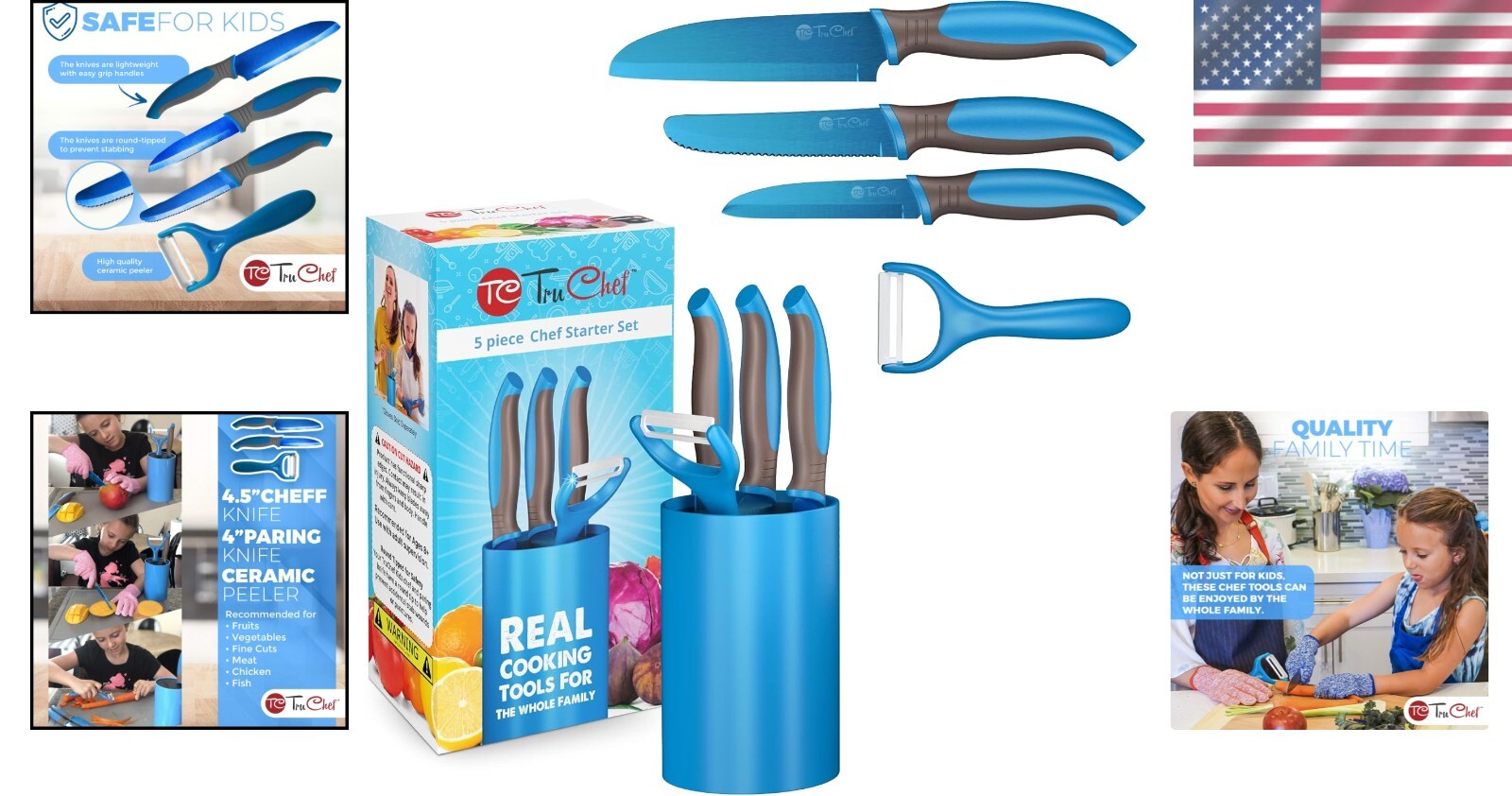 5-Piece Kids Cooking Set: Safe Blue Knives, Peeler & Holder for Young Chefs