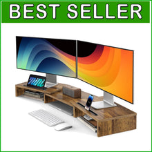 Load image into Gallery viewer, Rustic Brown Adjustable Dual Monitor Stand - 3 Shelf Desk Organizer Solution