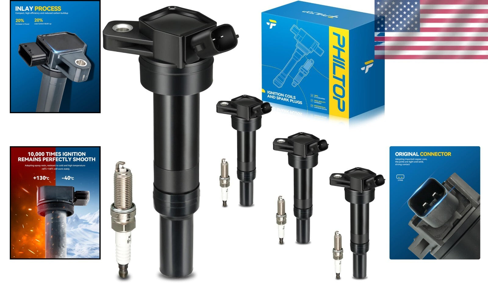 Universal Ignition Coil Pack and Spark Plugs Set (4) for Hyundai & Kia Vehicles