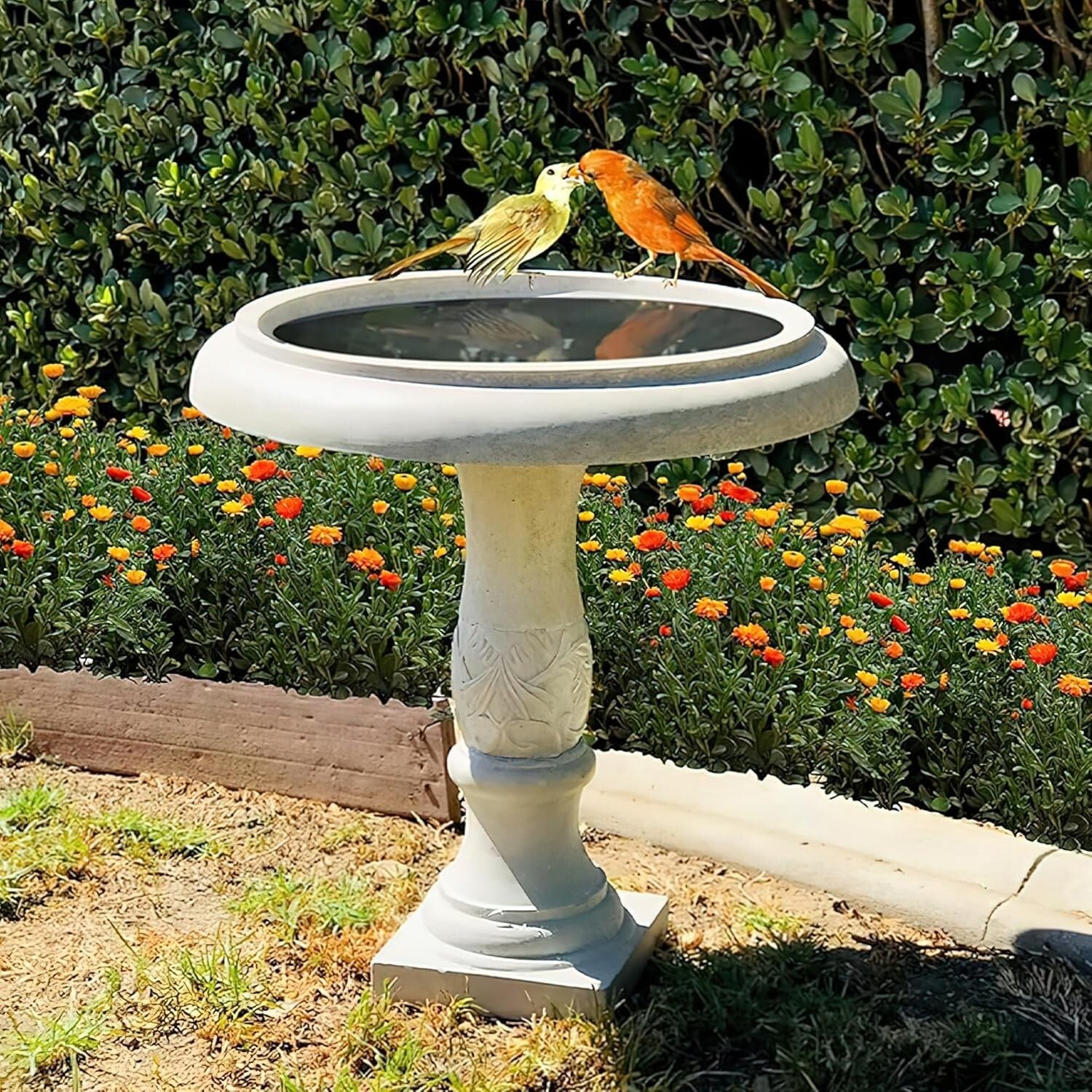 Classic 22.8" Concrete Birdbath with Flower Pattern - Durable Outdoor Beauty