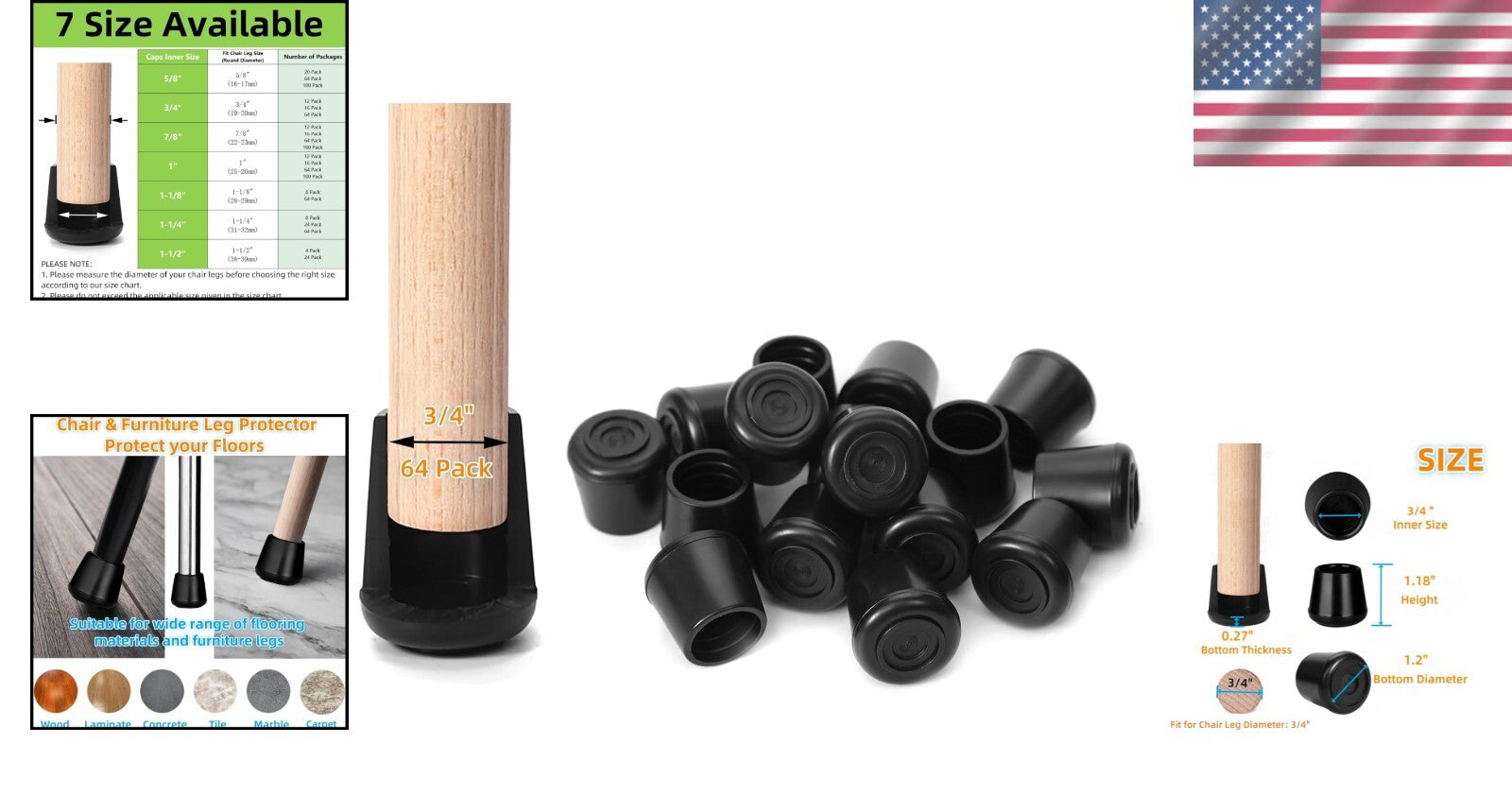 64-Pack Non-Slip Rubber Chair Leg Caps - 3/4" Inner Diameter, Floor Protectors